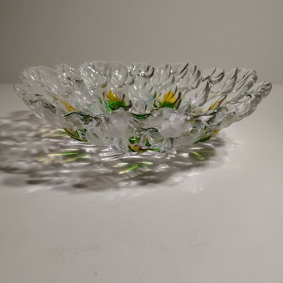 Studio Nova frosted art glass bowl with a green and amber leaf motif - Picture 5 of 8